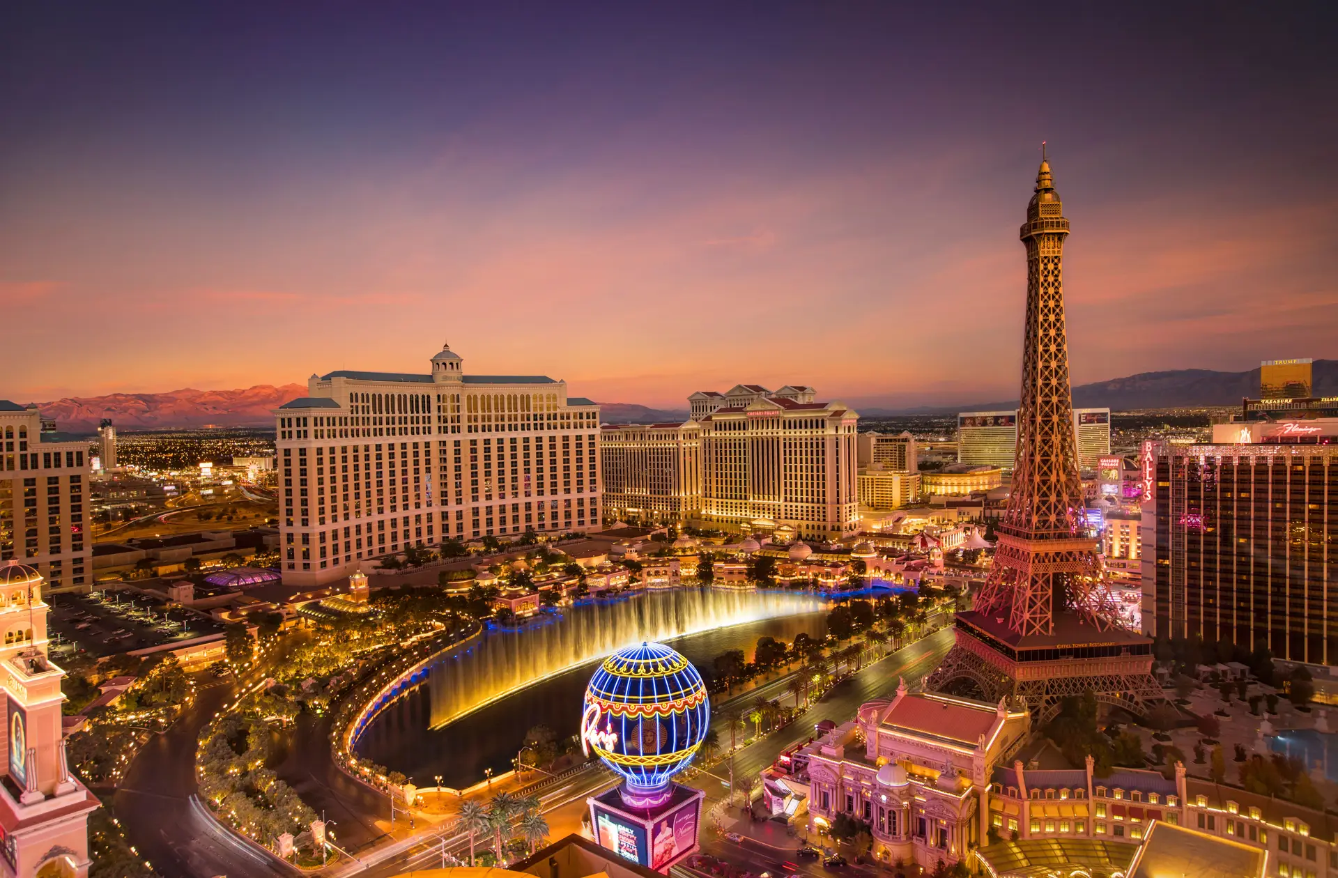 Vibrant architectural lights and twilight reflections at a premier entertainment complex