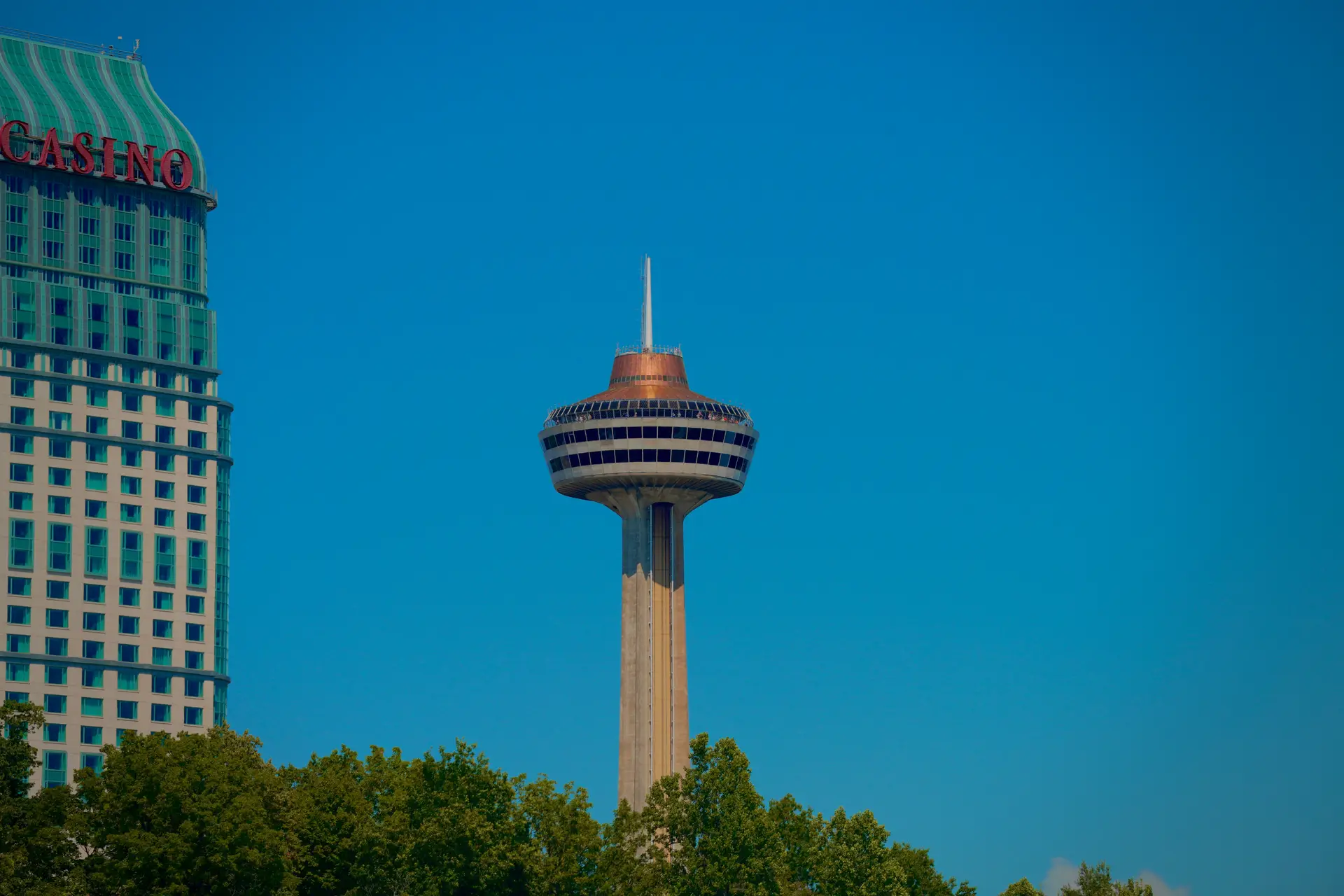 Scenic Skylon Tower and landmark views over Niagara Falls resort quarter