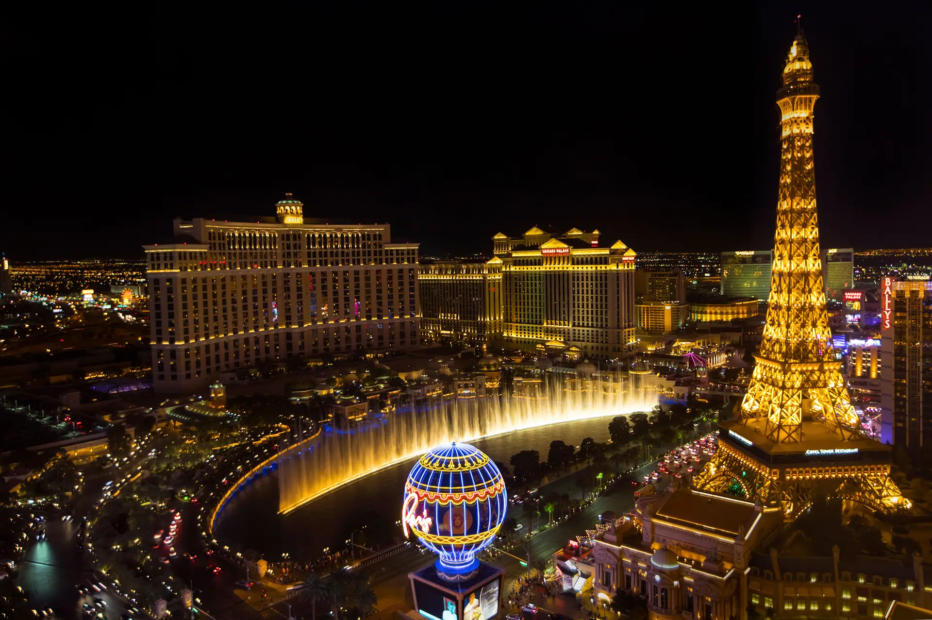 Dazzling neon and architectural lighting along a world-famous casino boulevard