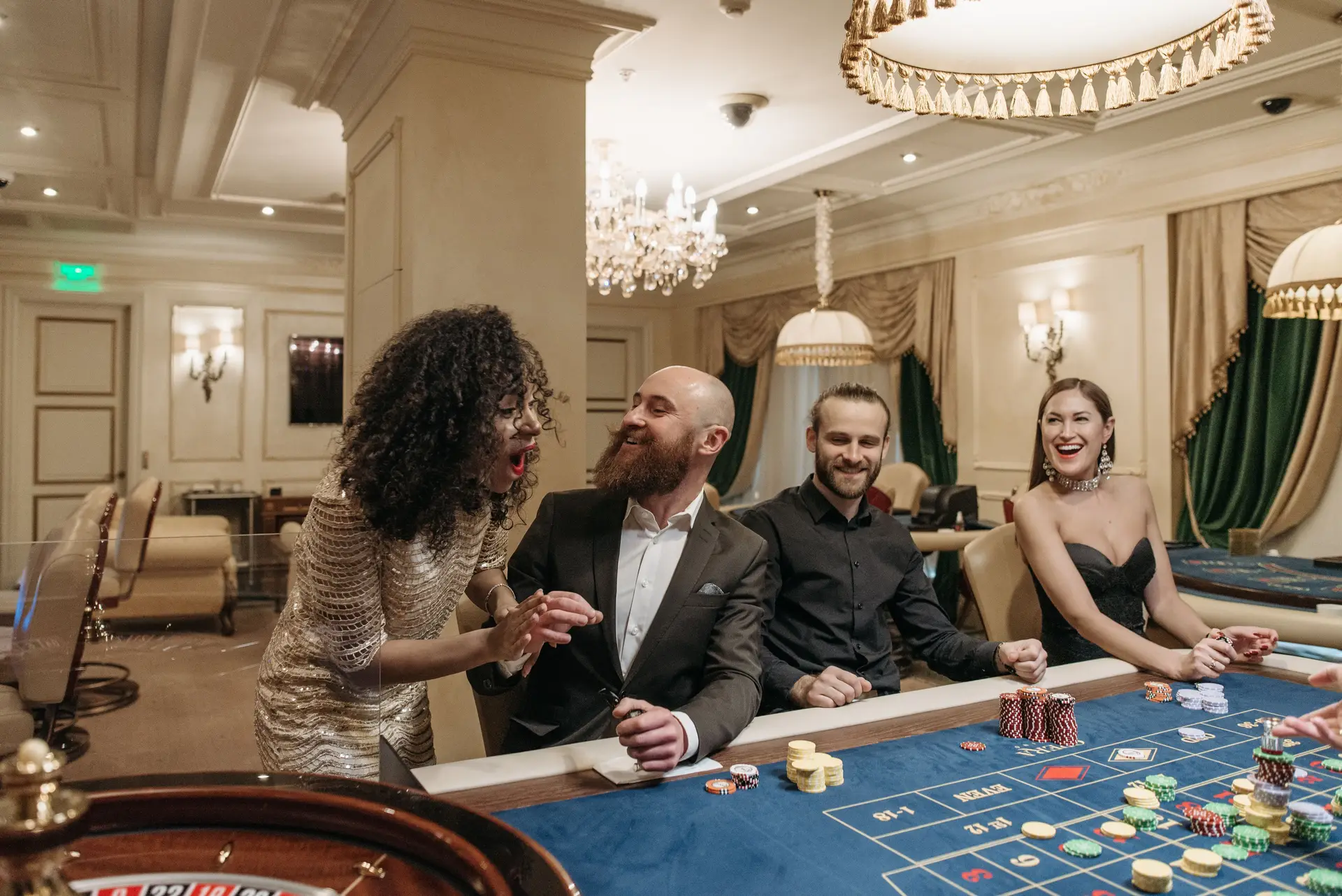 Sophisticated adults enjoying an evening at an upscale casino table
